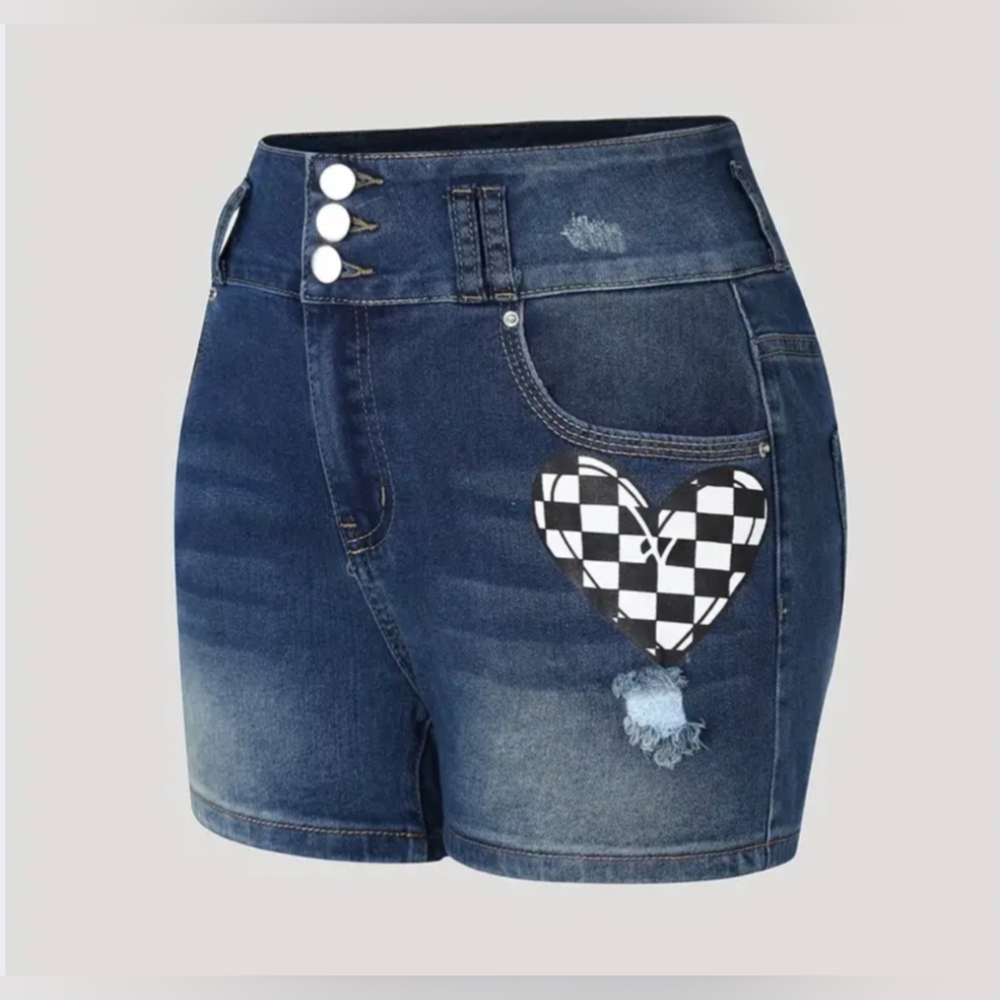 Checkerboard heart denim shorts